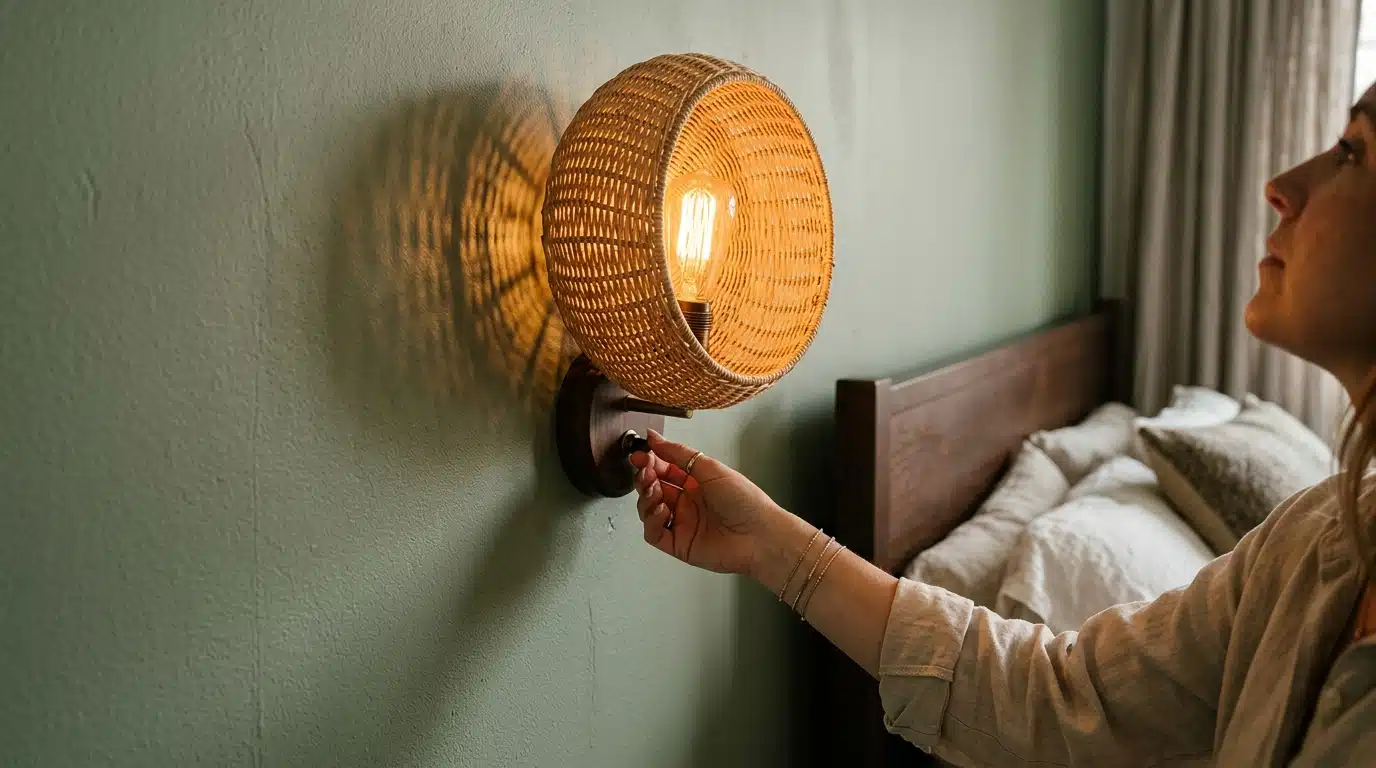 Applique murale en rotin tressé projetant des ombres douces