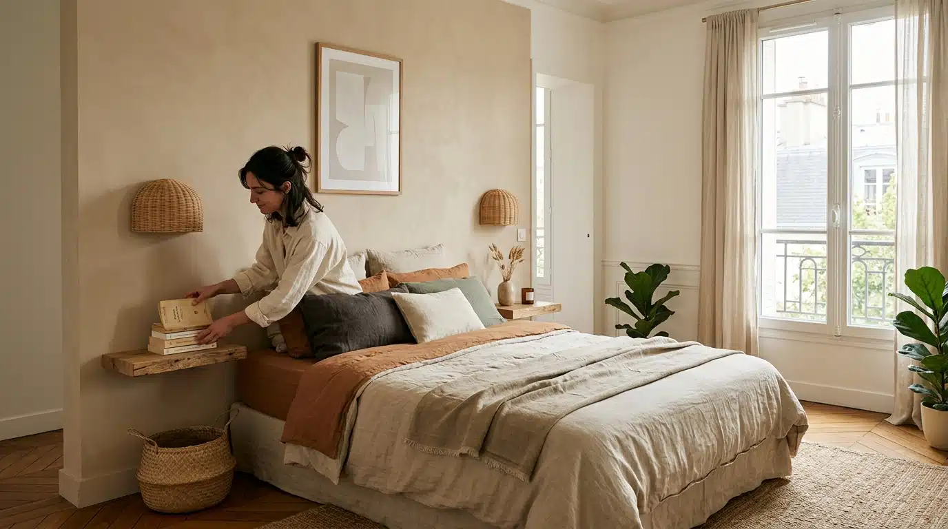 Chambre parisienne avec tête de lit et liseuses en rotin murales