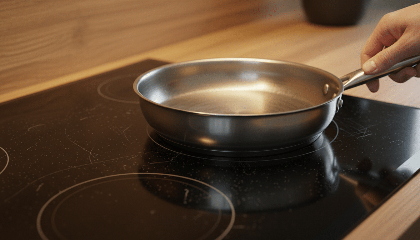 Main posant une poêle sur plaque induction rayée