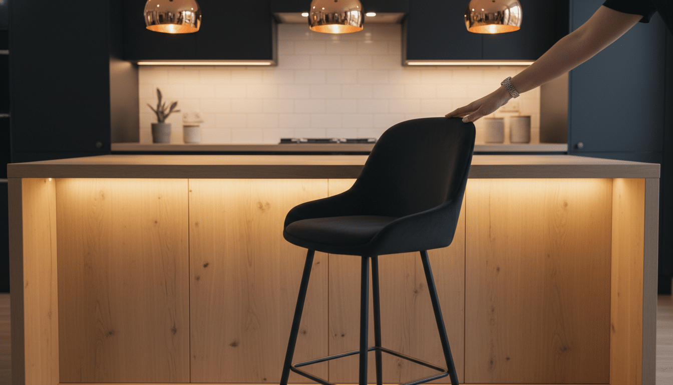 Chaise de bar LUNA en velours noir près d'un îlot