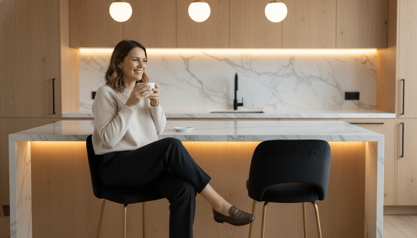 Femme assise confortablement sur la chaise bar velours LUNA