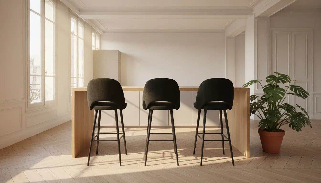 Trois chaises de bar LUNA alignées devant un îlot en bois