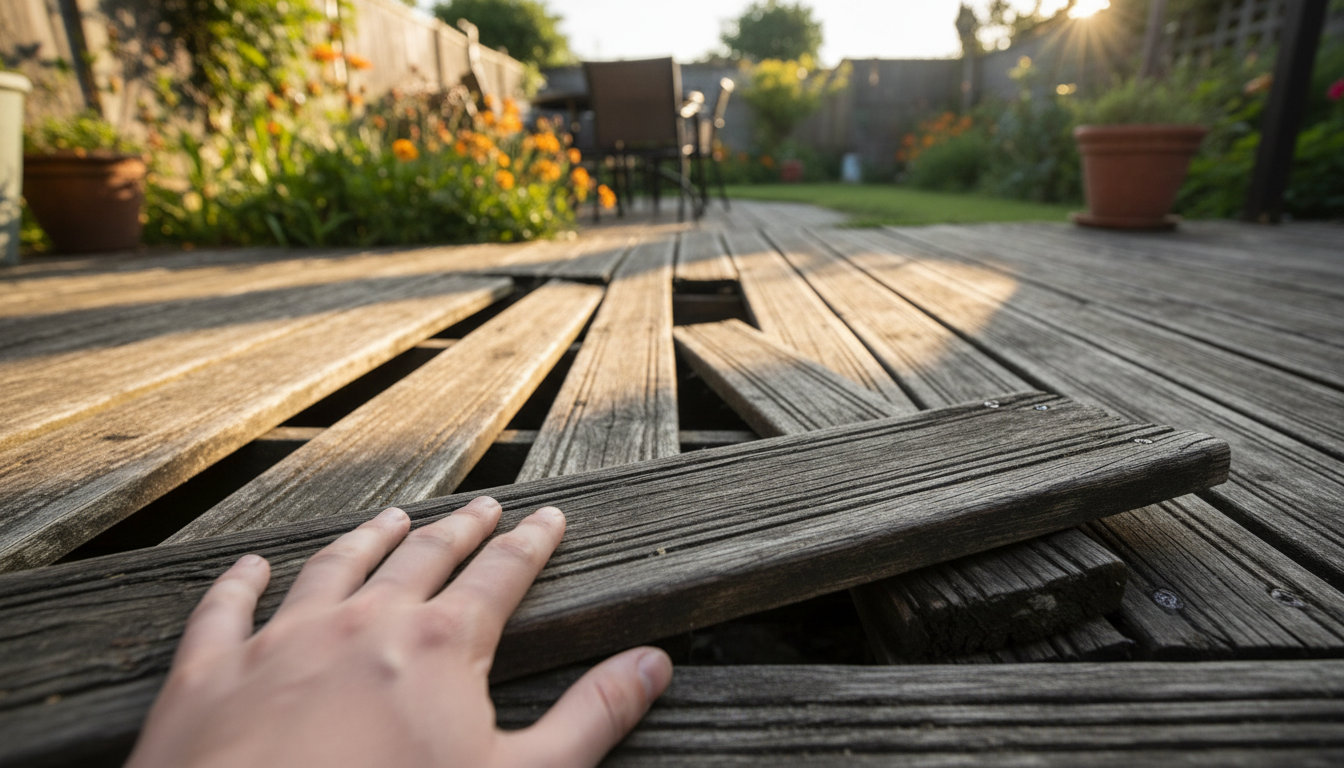 Terrasse en bois gondolée avec planches déformées au jardin
