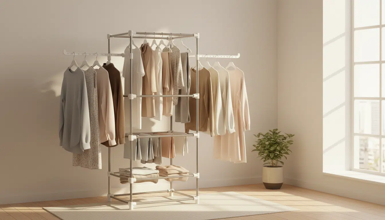 Séchoir tour vertical déployé dans un coin d'appartement