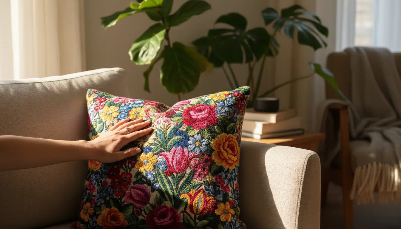 Coussin brodé floral FJÄLLFRYLE Ikea sur canapé