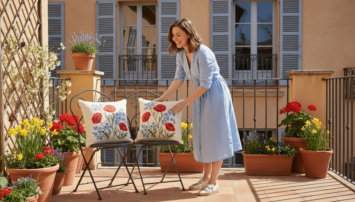 Femme disposant des coussins fleuris sur un balcon
