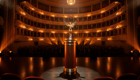 Scène de cérémonie des Flammes 2026 avec trophée doré
