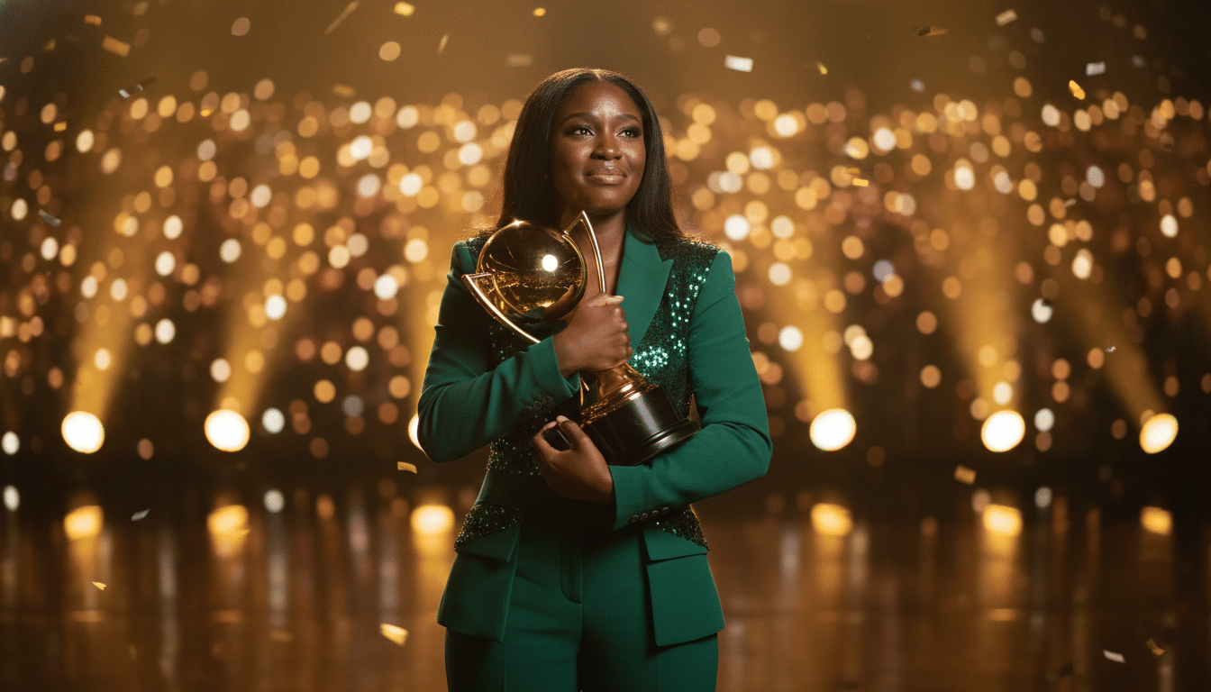 Theodora sur scène avec son trophée aux Flammes 2026