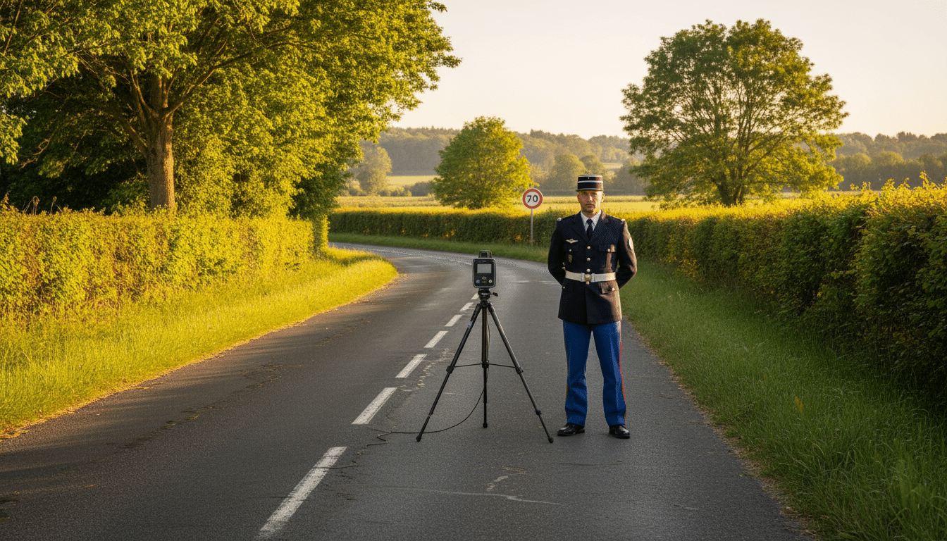 Gendarme avec radar sur une route limitée à 70 km/h