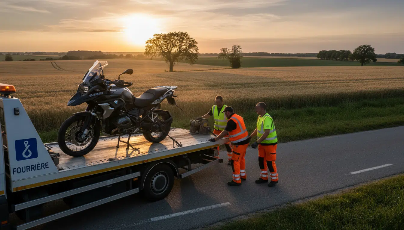 Moto BMW embarquée par la fourrière en bord de route