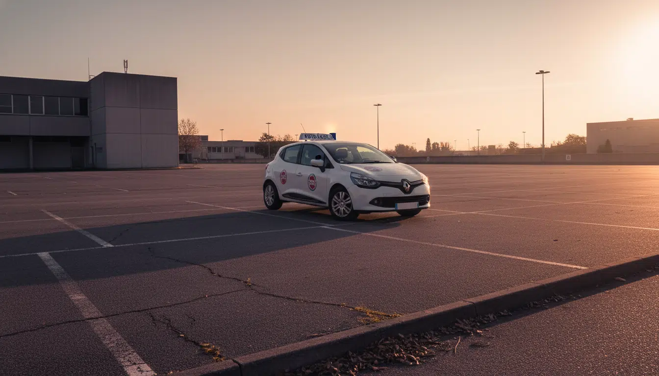 Voiture d'auto-école garée seule sur un parking vide