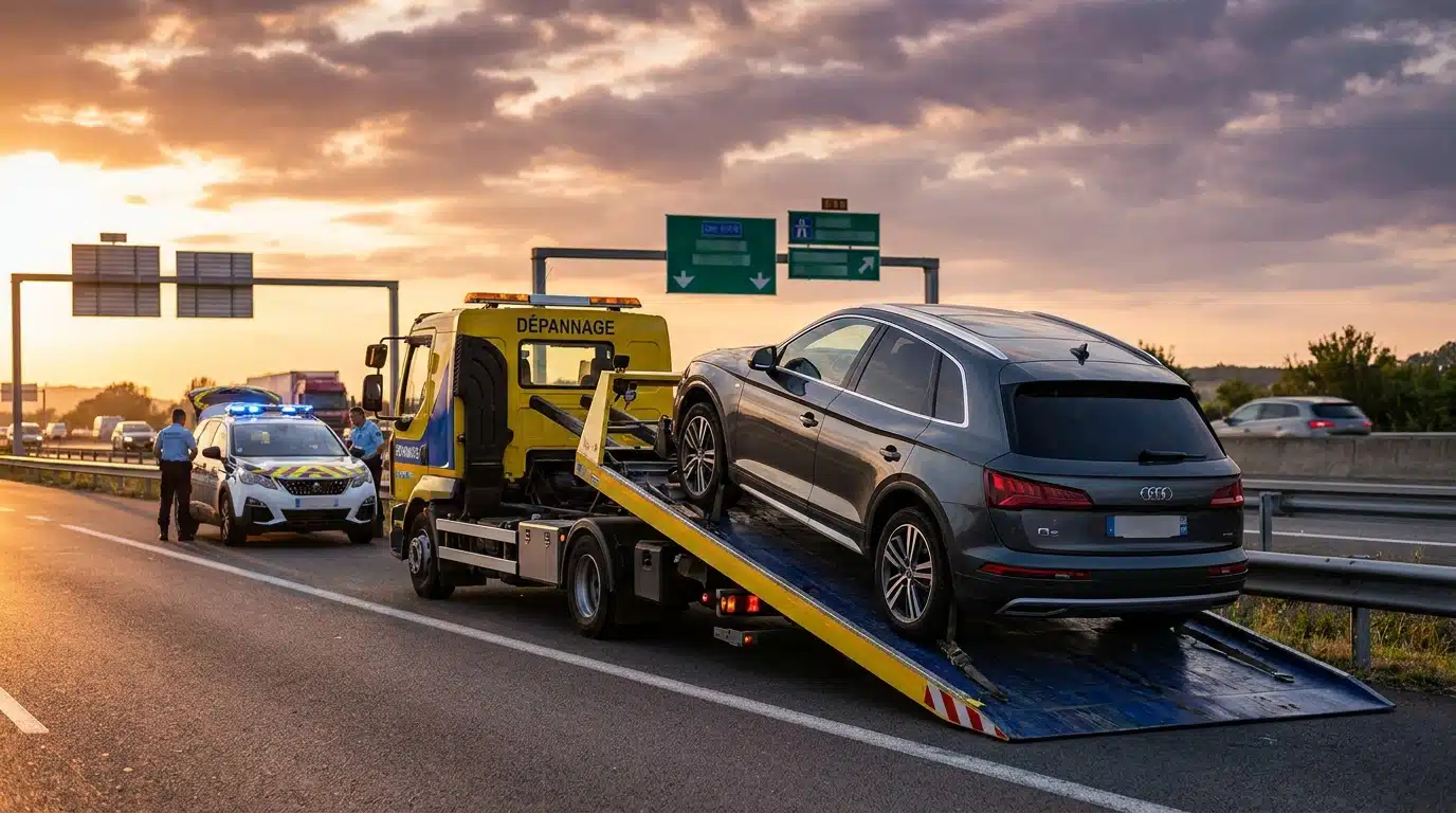 Audi Q5 remorqué vers la fourrière après l'interpellation