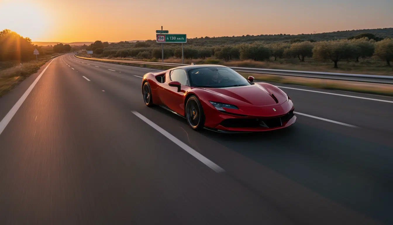 Ferrari rouge lancée à grande vitesse sur autoroute française