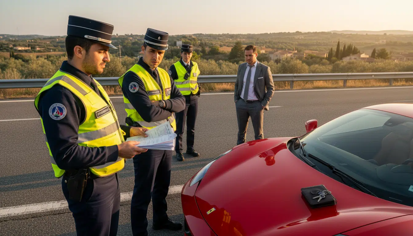 Gendarmes français à côté d'une Ferrari immobilisée sur autoroute