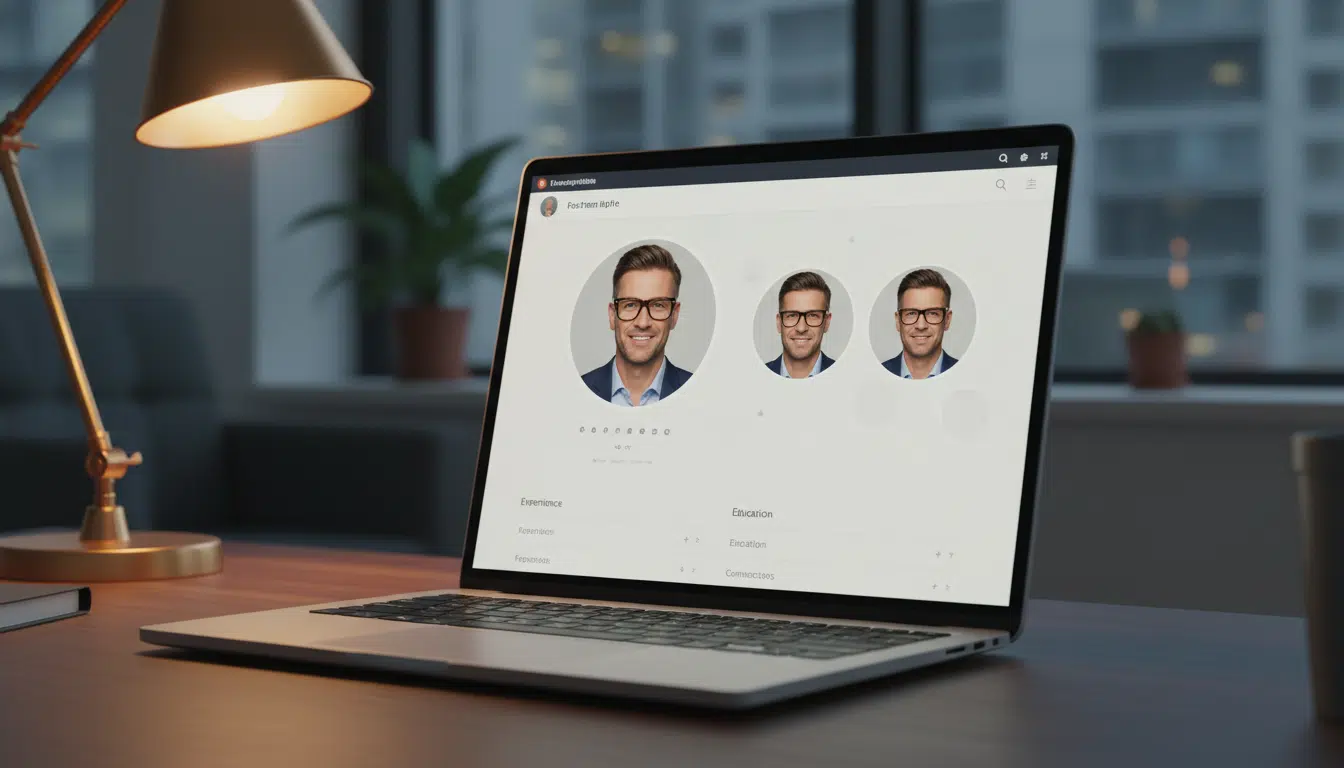 Profil LinkedIn avec lunettes caractéristiques sur écran d'ordinateur