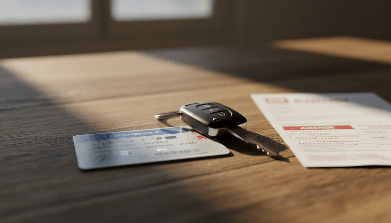 Permis de conduire et amende posés sur une table