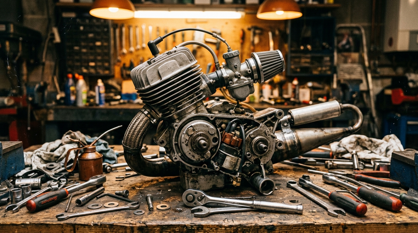 Moteur débridé d'une Peugeot 103 modifiée en atelier