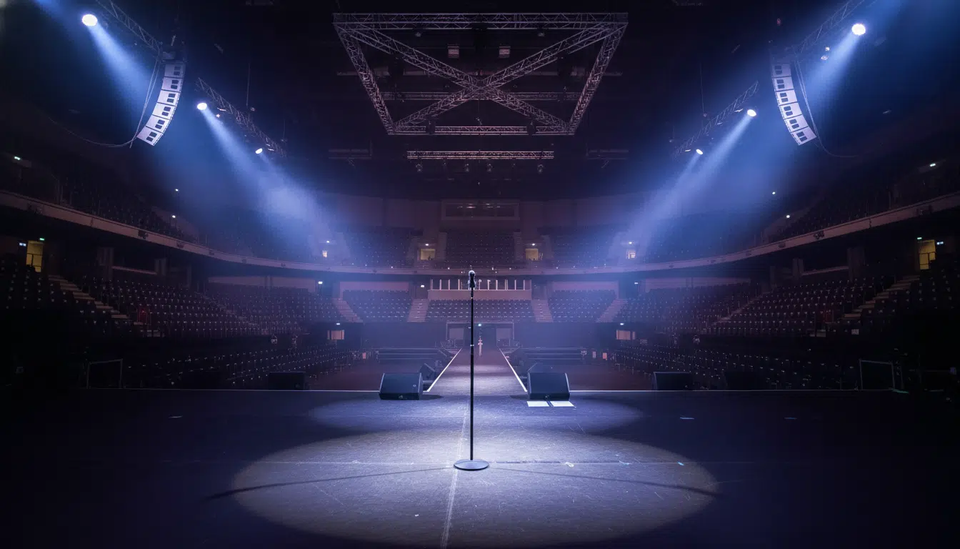 Scène vide d'un Zénith avec éclairages bleus et violets et un pied de microphone au centre, symbolisant les concerts annulés de Florent Pagny