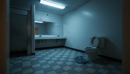 Salle de bain sombre avec toilettes dans une résidence étudiante