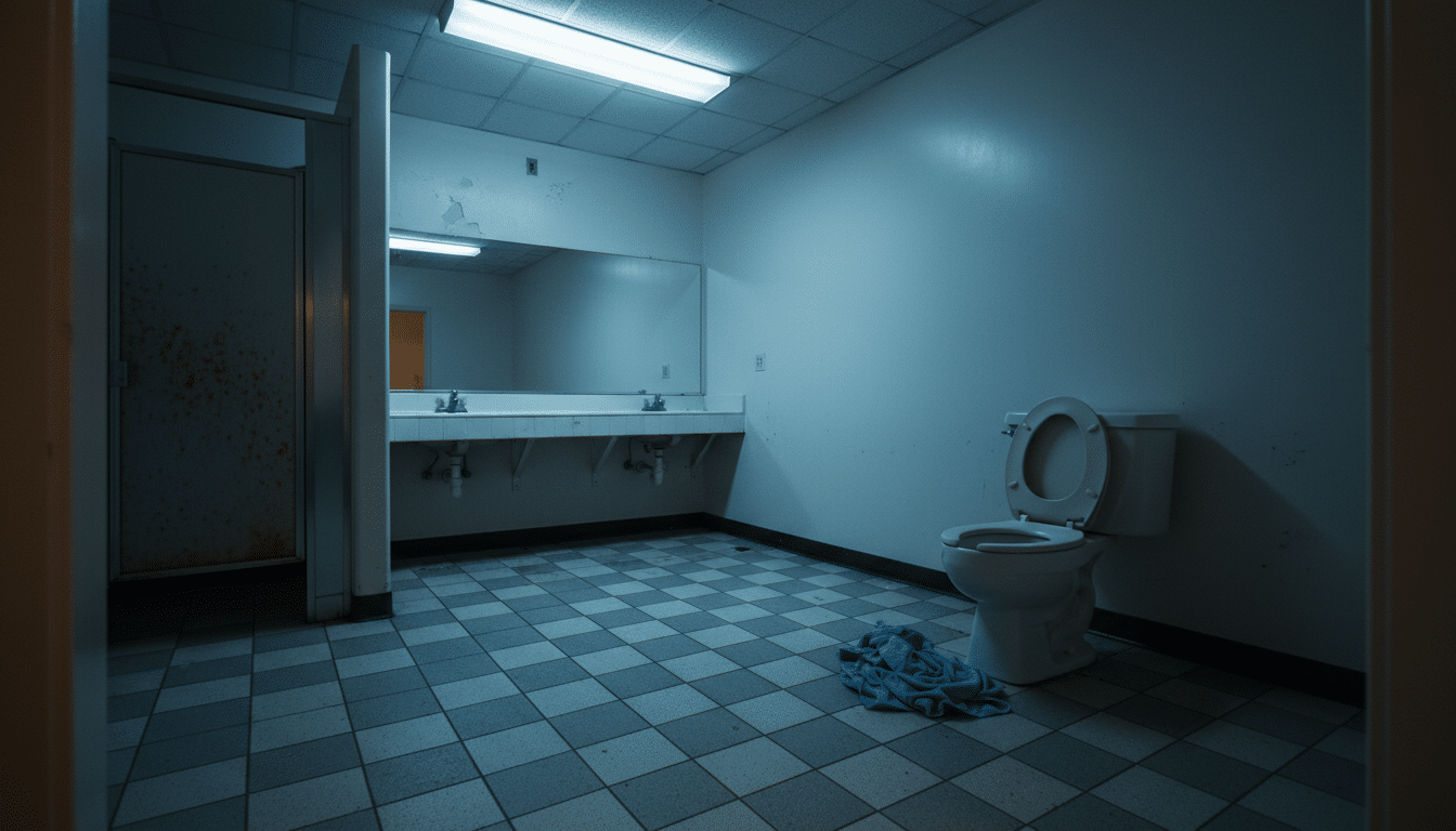 Salle de bain sombre avec toilettes dans une résidence étudiante