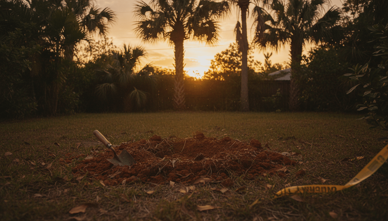 Jardin en Floride avec terre retournée au crépuscule