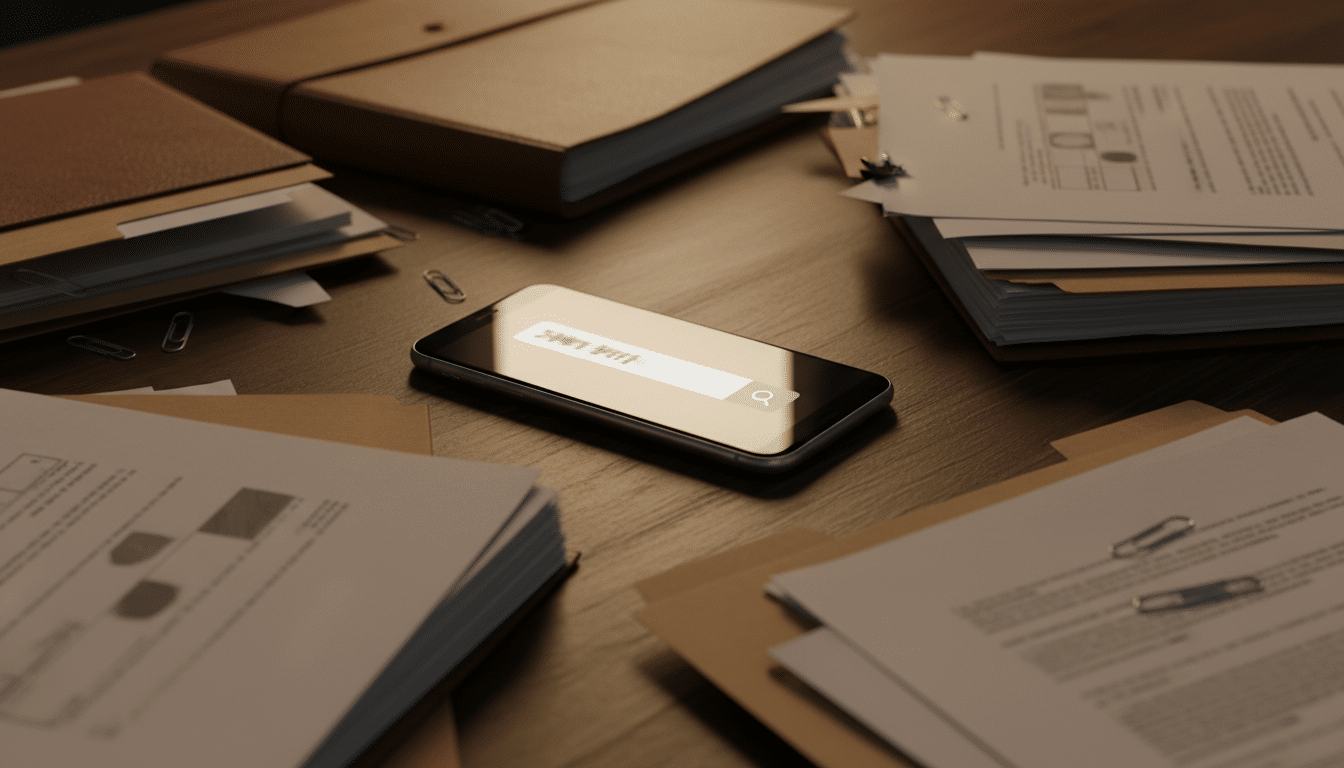 Téléphone portable posé sur une table avec documents d'enquête