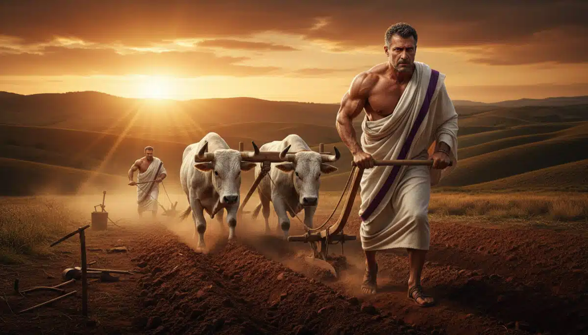 Fondation de Rome, homme traçant un sillon avec des bœufs blancs