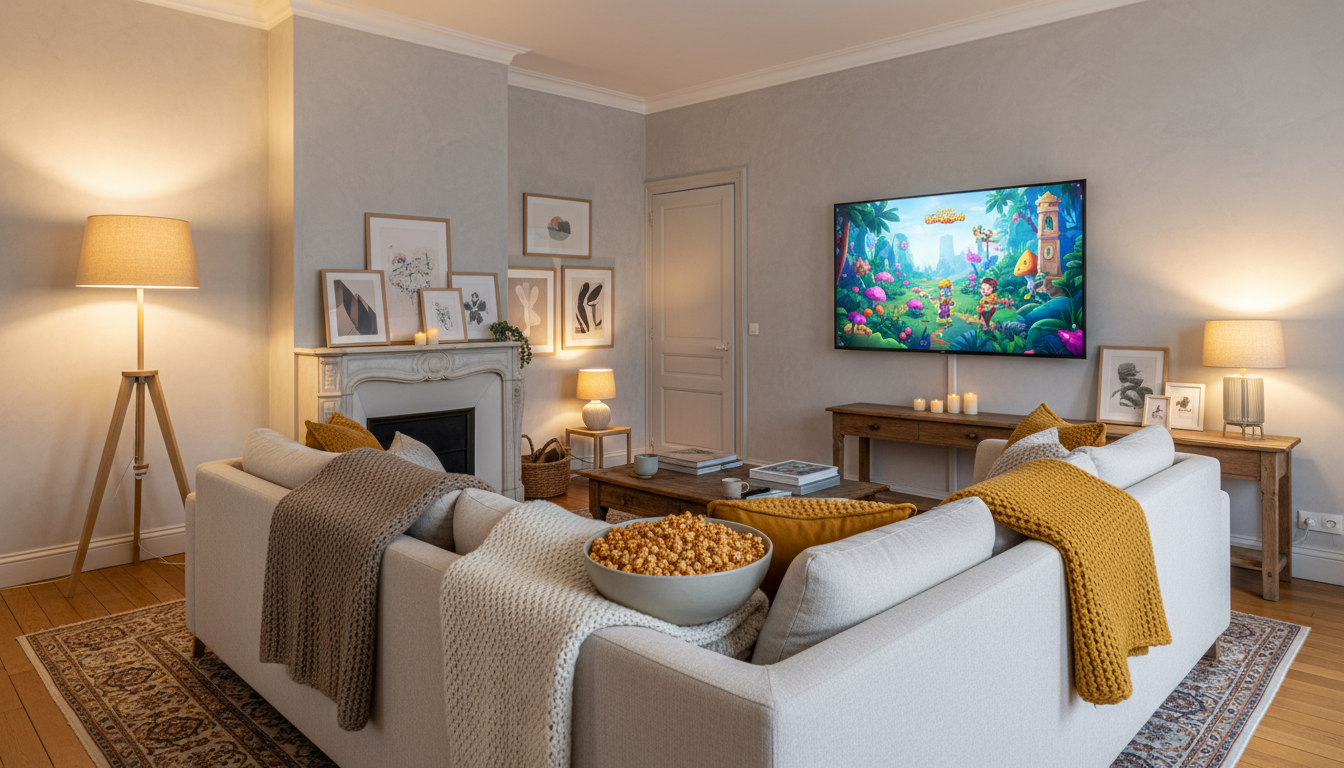 Une famille française regarde Fort Boyard à la télévision