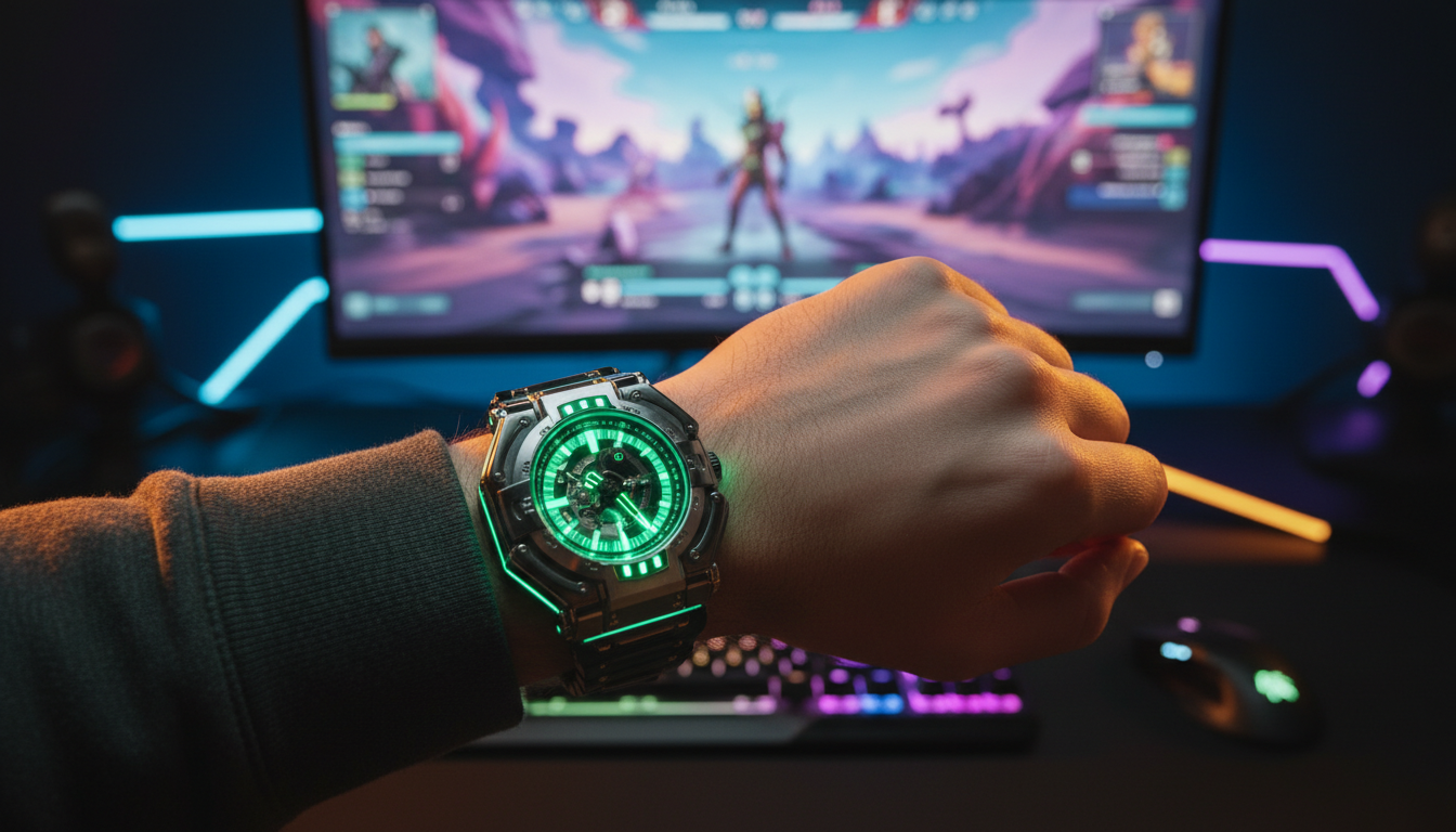 Omnitrix lumineux au poignet d'un joueur de Fortnite