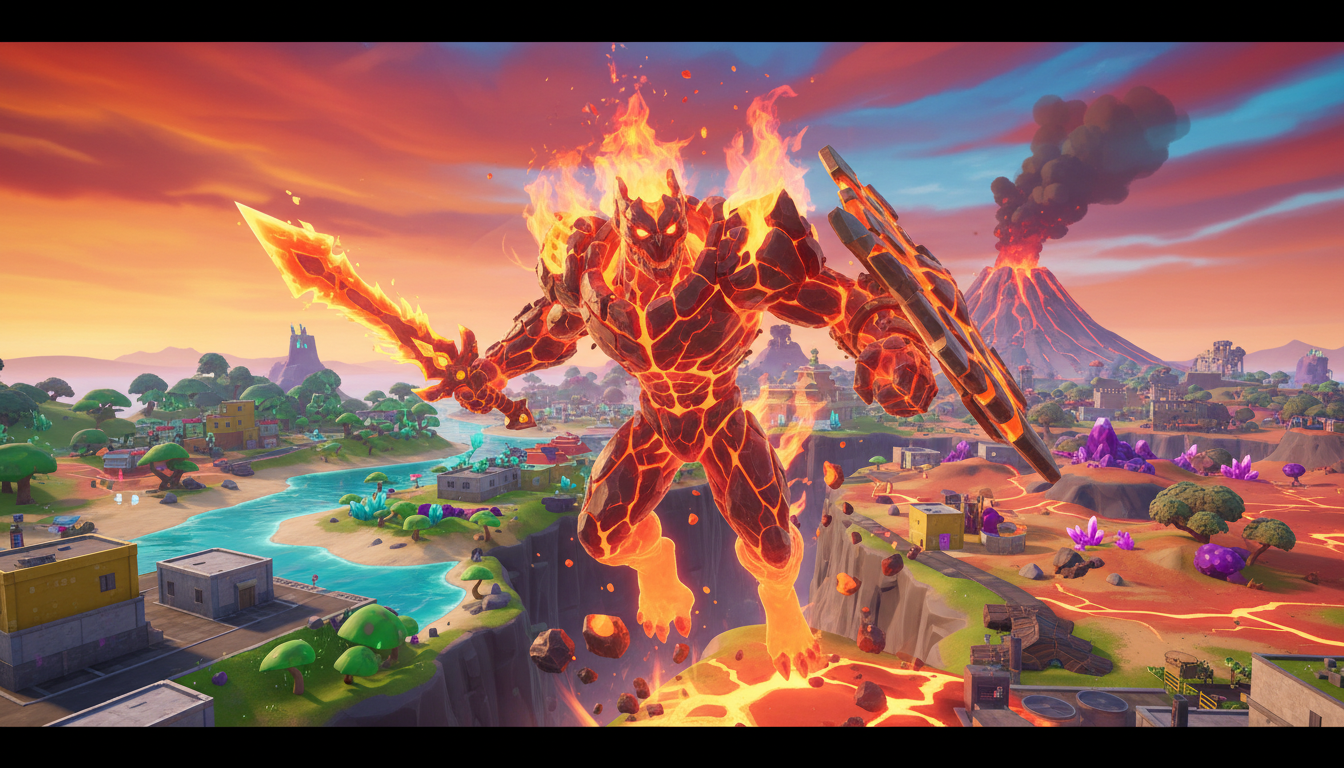 Créature de feu dans un décor de battle royale coloré