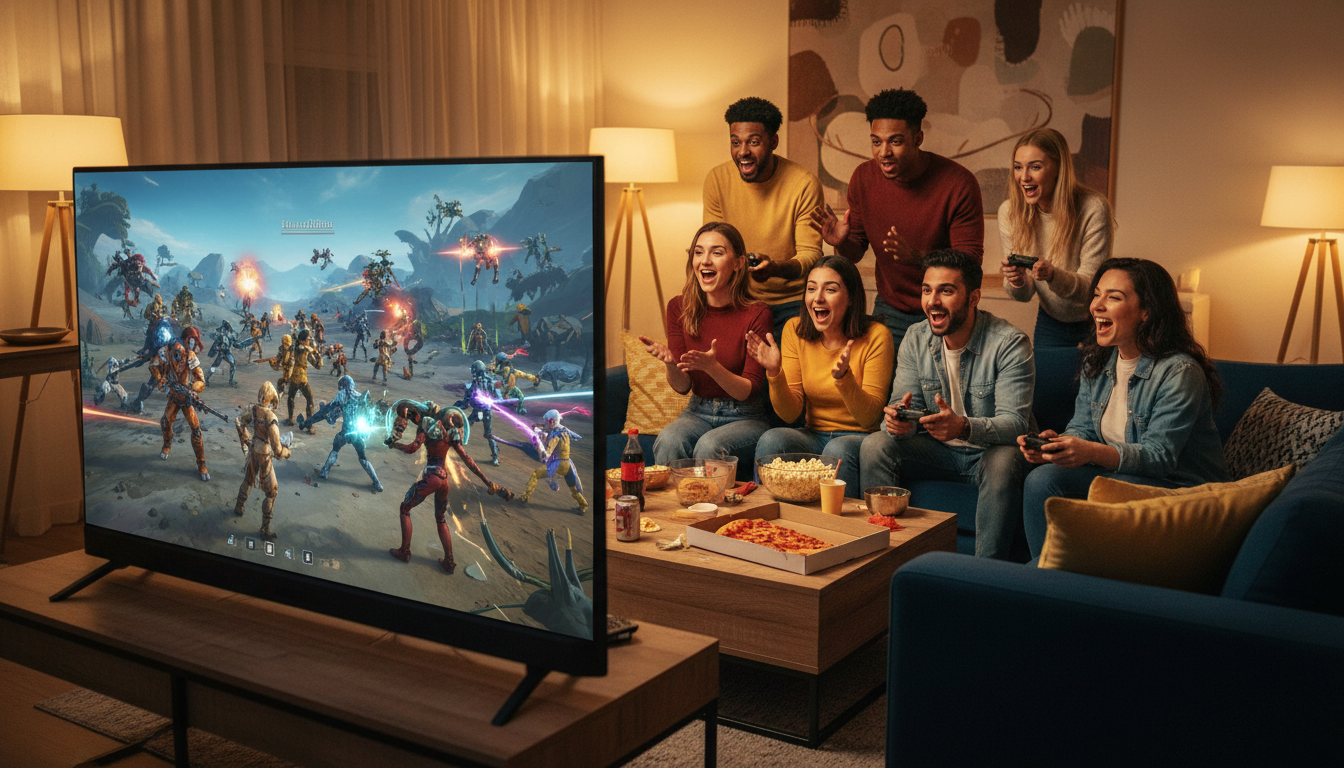 Jeunes joueurs enthousiastes devant un écran Fortnite