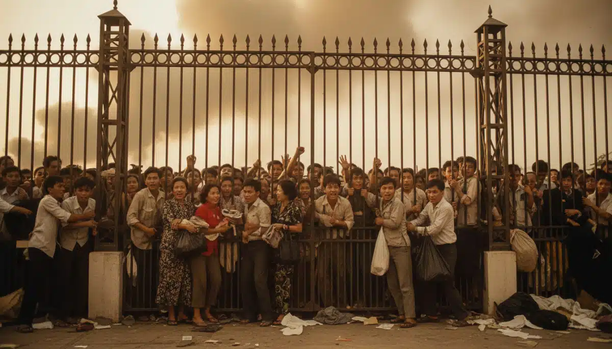 Foule désespérée devant l'ambassade américaine à Saïgon 1975