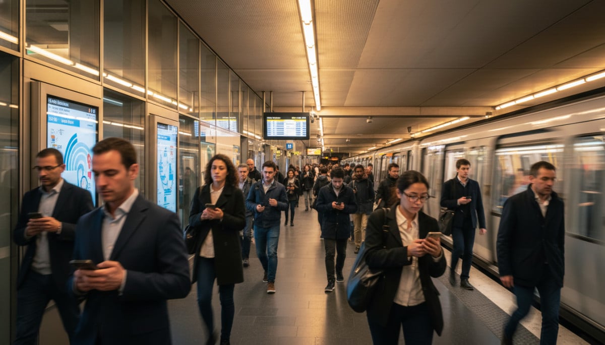 Foule diverse dans une station de Métro parisien moderne et lumineuse.