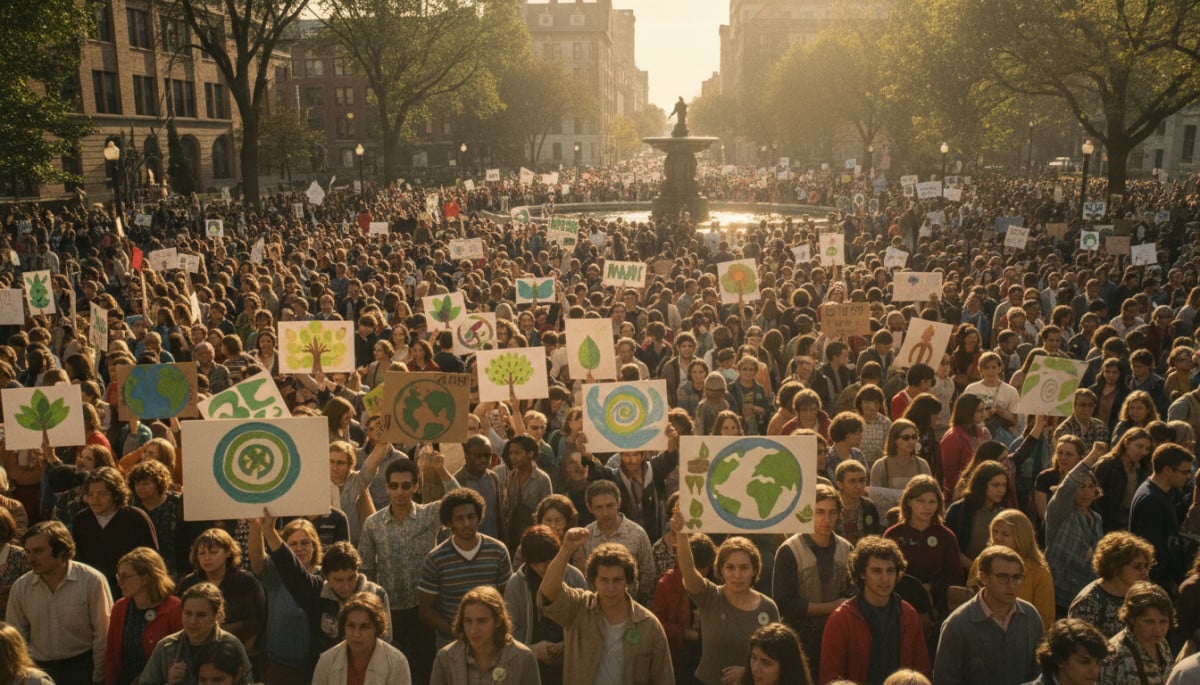 Foule du premier Earth Day 1970 dans un parc américain
