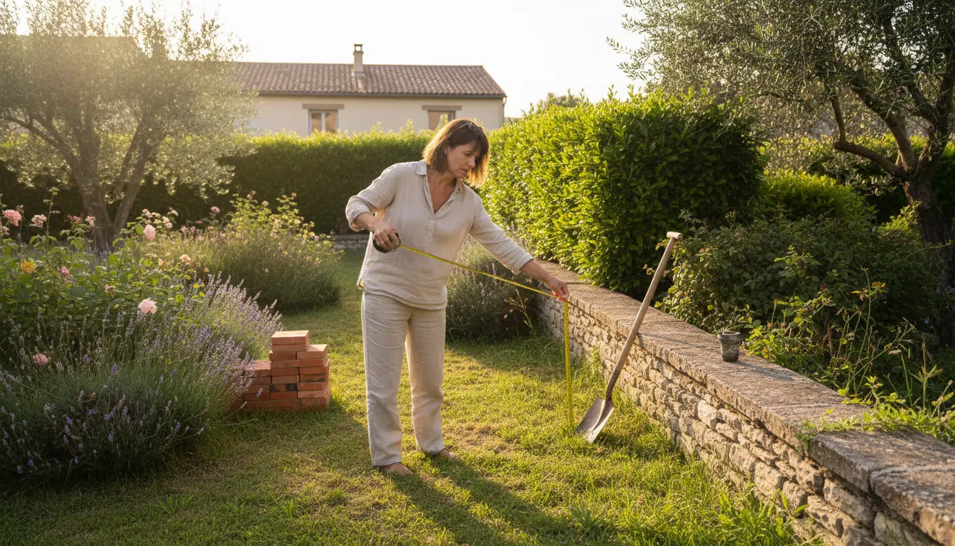Propriétaire mesurant la distance pour son four à pizza au jardin