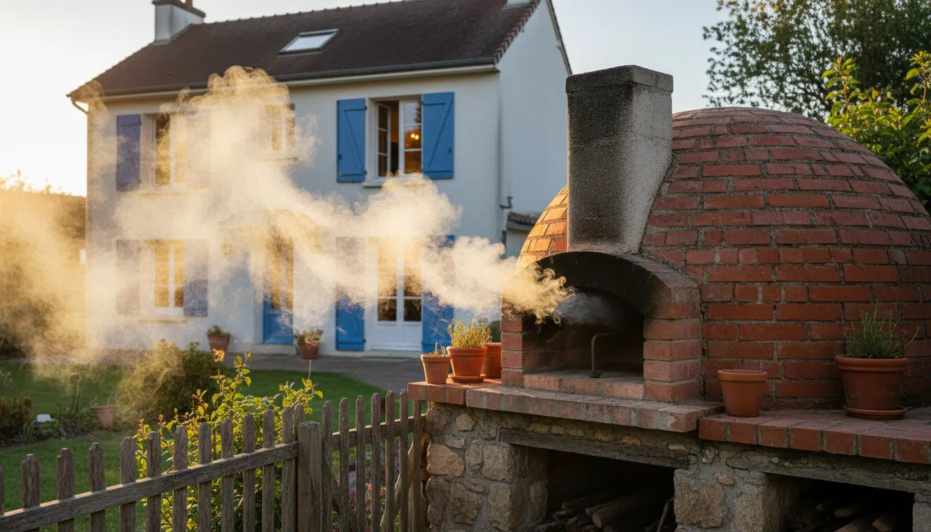 Four à pizza en briques dont la fumée se dirige vers le voisin