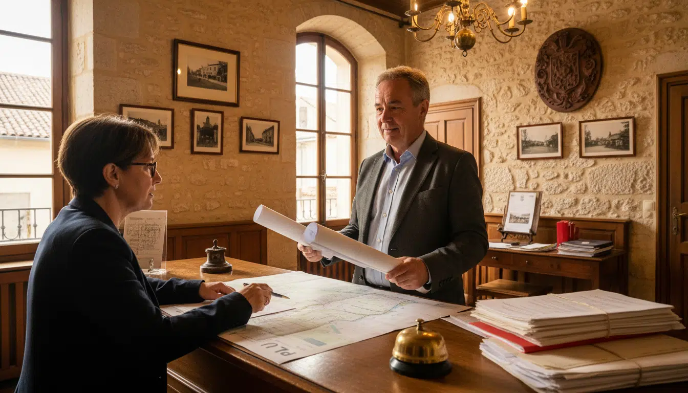 Propriétaire consultant le plan d'urbanisme en mairie avant travaux