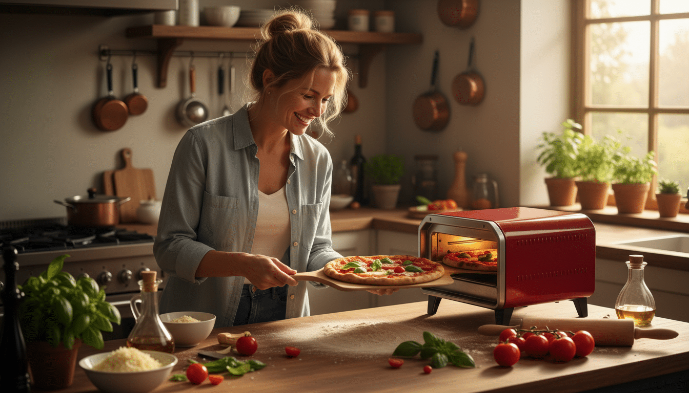 Femme préparant une pizza maison dans un four à pizza rouge