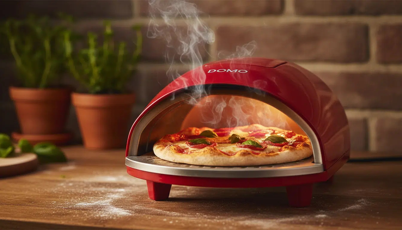 Four à pizza DOMO rouge avec pizza dorée sur un plan de travail