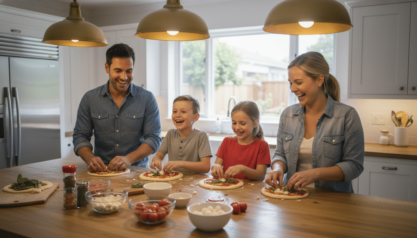 Famille préparant des pizzas maison ensemble dans la cuisine