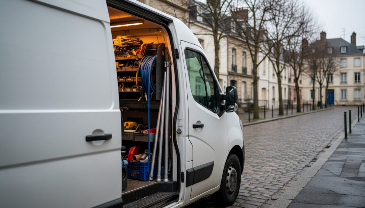 Fourgon de plombier avec matériel chargé dans une rue de Nantes