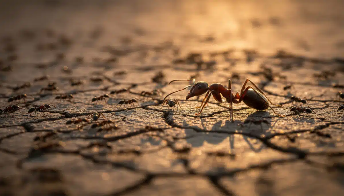 Fourmi en gros plan sur sol aride entourée de milliers d'autres