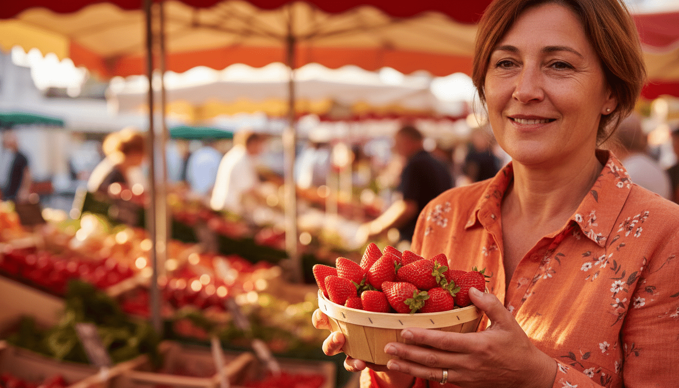 Femme tenant des gariguettes sur un marché français