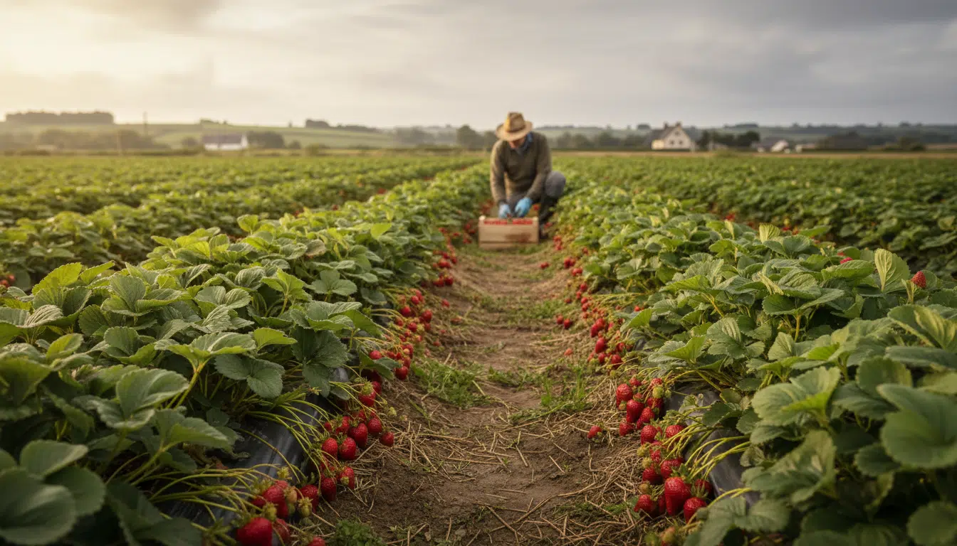 Cueillette manuelle de fraises dans un champ en Bretagne