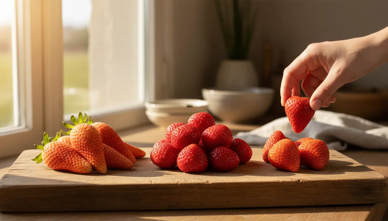 Trois variétés de fraises françaises sur une planche en bois