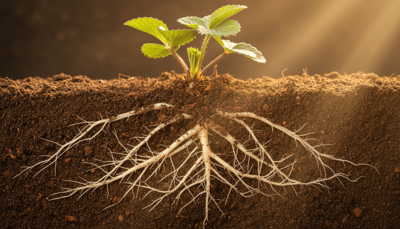 Racines profondes d'un fraisier vues en coupe de sol
