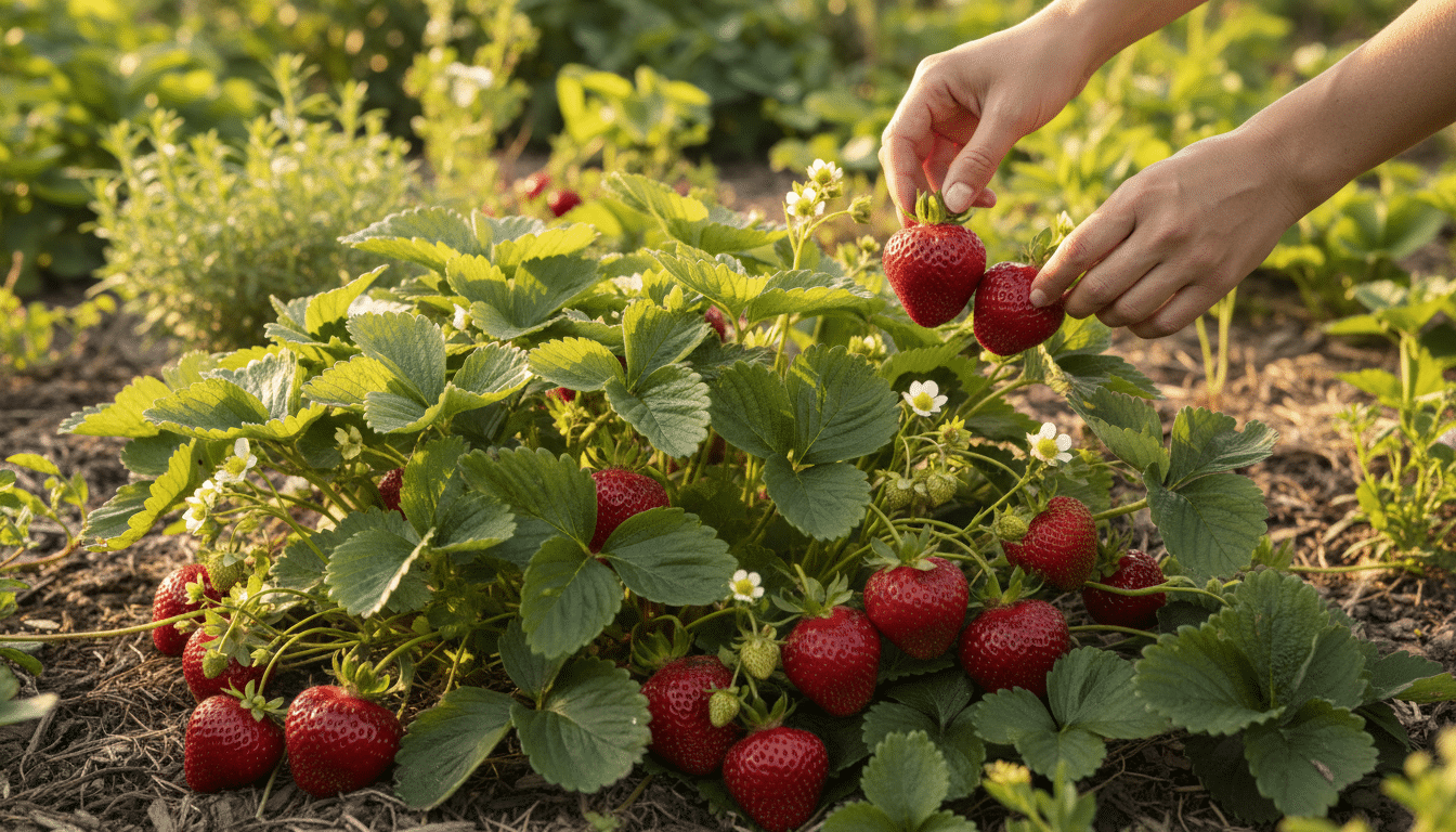 Fraisier mature chargé de grosses fraises rouges mûres