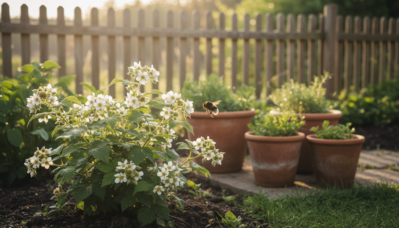 Fleurs blanches de framboisier au printemps avec abeille