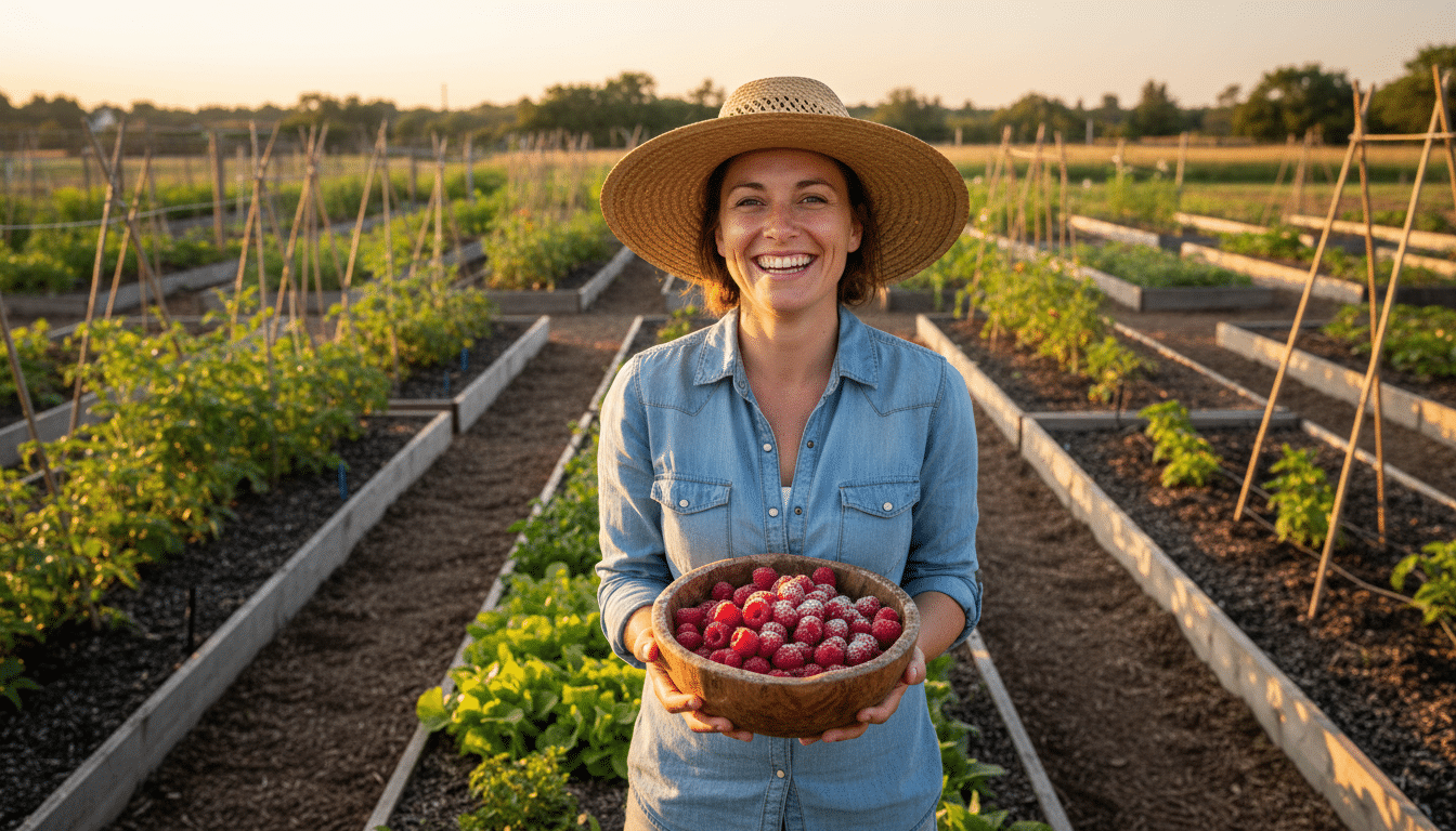 Récolte abondante de framboises dans un potager français