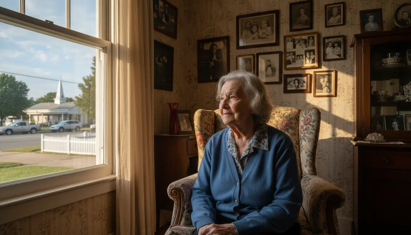 Femme âgée seule dans un salon américain
